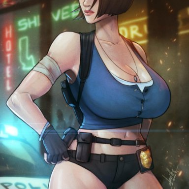 big breasts, blue eyes, brown hair, devil hs, female, female only, jill valentine, resident evil, resident evil 3, resident evil 3 remake, short hair, solo, solo female, solo focus