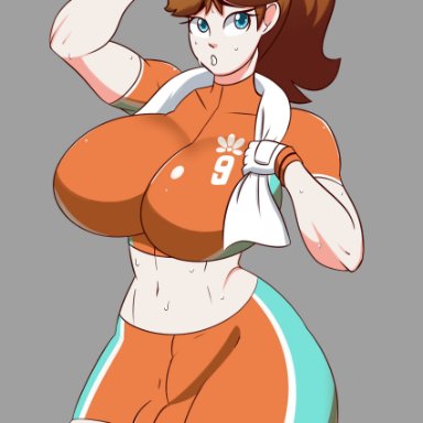 1futa, big breasts, breasts, bulge, cleavage, dickgirl, frowntown, futa only, futanari, huge breasts, large breasts, mario strikers, nintendo, princess daisy, solo