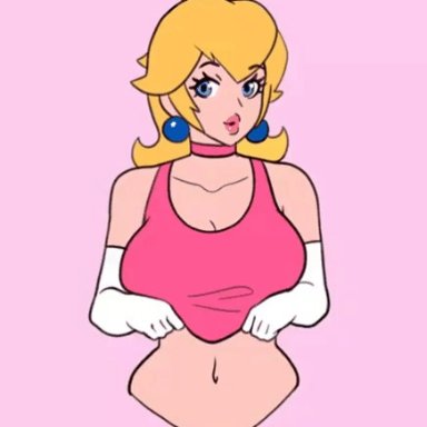 animated, big breasts, blonde hair, blue eyes, earrings, female, female only, latex gloves, nintendo, nipples, princess peach, rizdraws, solo, solo female, solo focus