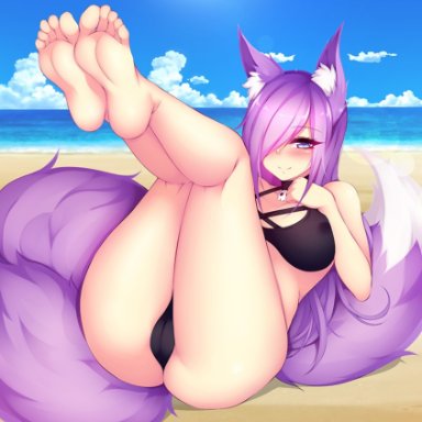 barefoot, beach, bikini, black bikini, blue-senpai, cameltoe, cat ears, feet, feet together, feet up, fox ears, fox tail, foxykuro, looking at viewer, purple hair