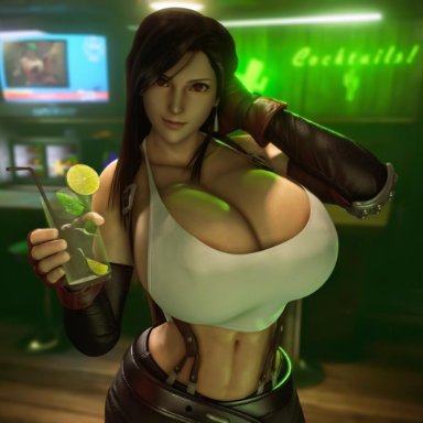 1girls, 2020, 3d, big breasts, breasts, cleavage, female, female only, final fantasy, final fantasy vii, huge breasts, looking at viewer, low cut top, midriff, midriff baring shirt