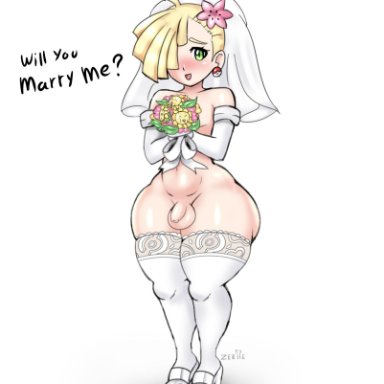 1boy, alternate outfit, androgynous, big ass, blonde hair, bride, eye contact, femboy, flower, girly, gladion (pokemon), green eyes, hair over one eye, happy, huge ass
