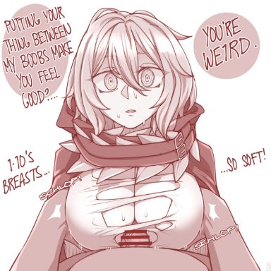 1boy, bar censor, censored, code vein, ekz (drawfag), english text, female, groping, hand on breast, highres, io (code vein), md5 mismatch, paizuri, paizuri under clothes, ringed eyes