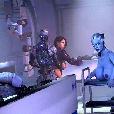 3d, alien, animated, asari, ashley williams, big ass, big breasts, big penis, black hair, blue skin, bouncing breasts, cowgirl position, doggy style, from behind, huge cock