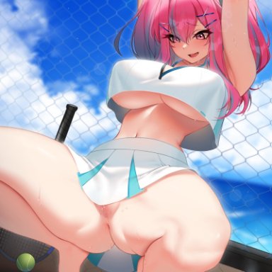 azur lane, bangs, bare shoulders, blue sky, blush, breasts, bremerton (azur lane), bremerton (scorching-hot training) (azur lane), chain-link fence, crop top, crop top overhang, feet, female, fence, highres