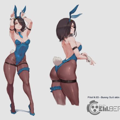 1girls, arched back, armband, armpits, arms up, ass, back, bare back, bare shoulders, black hair, breasts, brown eyes, bunny girl, bunny tail, cutesexyrobutts