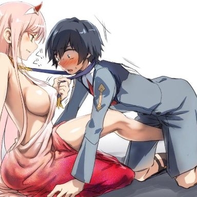 1boy, 1girl, barely clothed, black hair, blue eyes, blush, breasts, clothed, darling in the franxx, dress, female, femdom, green eyes, hiro, hiro (darling in the franxx)