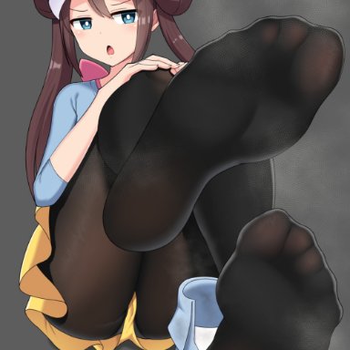 1girls, ass, big breasts, blue eyes, brown hair, clothed, clothed female, feet, female, female only, foot fetish, foot focus, hair bun, half-closed eyes, human