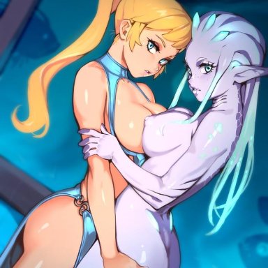 2girls, areolae, ass grab, big breasts, blonde hair, blue eyes, breasts, captive, female, female only, large breasts, looking at viewer, metroid, nipples, optionaltypo