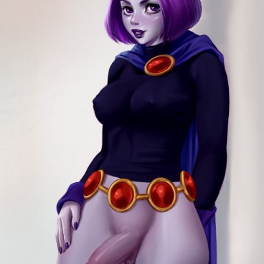 1futa, dc, dc comics, dickgirl, foreskin, futa, futanari, grey skin, intersex, penis, purple hair, raven, rino99, semi-erect, short hair