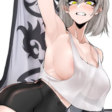 athletic, bike shorts, blush, embarrassed, fate/grand order, gritted teeth, j.k., jeanne d'arc (alter) (fate), jeanne d'arc (fate), large breasts, leggings, see-through, shoes, short hair, sideboob