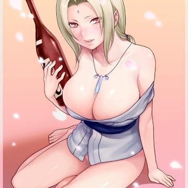 1girls, alcohol, blonde hair, bottle, bottomless, breasts, busty, cleavage, drunk, female, female only, huge breasts, looking at viewer, naruto, necklace