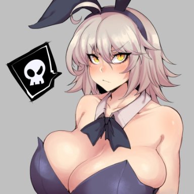 bunny ears, bunnysuit, collar, fate (series), huge breasts, jeanne d'arc (alter) (fate), jeanne d'arc (fate), short hair, taigerarts, white hair, yellow eyes