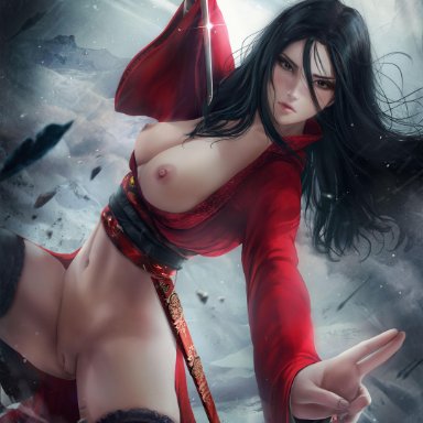 axsens, black hair, bottomless, breasts, breasts outside, disney, exposed breasts, fa mulan, female, highres, large breasts, long hair, mulan, nipples, no panties