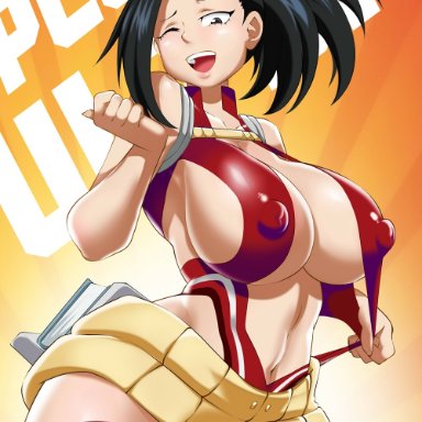 bayeuxman, big breasts, black eyes, black hair, female, female only, hero outfit(mha), long hair, momo yaoyorozu, my hero academia, nipples, nipples visible through clothing, ponytail, smile, solo