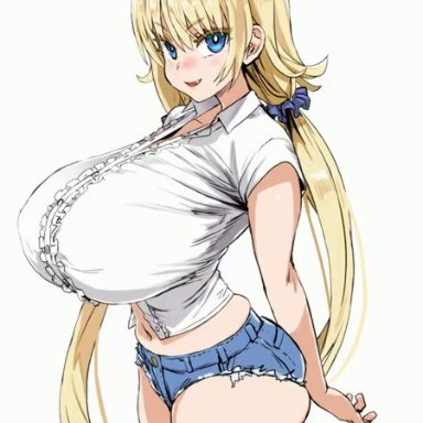 animated, asanagi, blonde hair, blouse, blue eyes, bouncing breasts, clothed, curvy, daisy dukes, flirting, gif, huge breasts, lk, naughty face, round ass