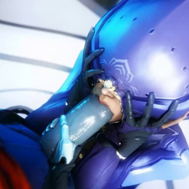 1boy, 1girl, animated, blowjob, blue skin, fellatio, holding penis, huge cock, just the tip, large penis, lotus (warframe), nezha (warframe), no sound, oral, pallidsfm