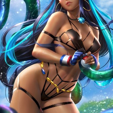 1girls, abs, alternate breast size, alternate outfit, breasts, cleavage, dark skin, dark-skinned female, female, female only, half-closed eyes, human, looking at viewer, neoartcore, nessa (pokemon)