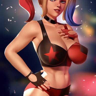 1girls, abs, alternate breast size, alternate outfit, batman (series), big breasts, breasts, cleavage, dc, deviantart, eye contact, female, female only, half-closed eyes, harley quinn