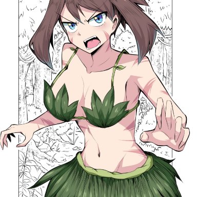 1girls, 2019, abs, angry, bare arms, bare shoulders, blue eyes, breasts, brown hair, camouflage, collarbone, cowboy shot, eyebrows visible through hair, fangs, female