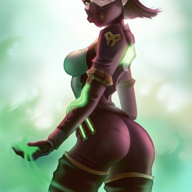 2020, ass, bodysuit, bubble butt, from behind, green eyes, latex, looking at viewer, looking back, looking to the side, mask, masked, mcdobo, riot games, sideboob