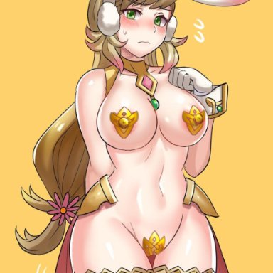 1girls, blonde hair, blush, breasts, bunny ears, embarrassed, female, female focus, female only, fire emblem, fire emblem heroes, flower, gloves, green eyes, looking at viewer