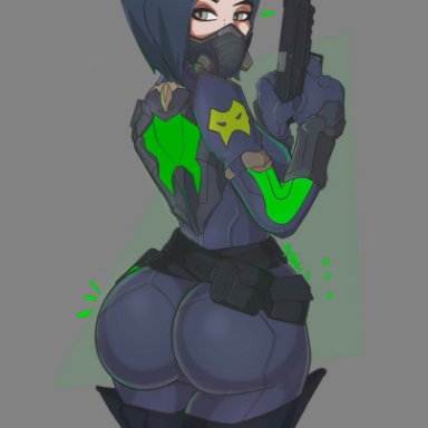 2020, ass, ass focus, big ass, bigmantis, black hair, bodysuit, bubble butt, female, full body, fully clothed, green eyes, holding object, latex suit, looking at viewer