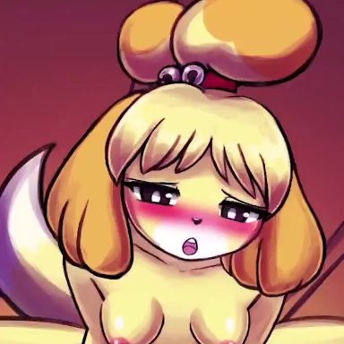 animal crossing, animated, anthro, anthrofied, blush, blushing, bouncing breasts, brown eyes, closed eyes, dialogue, dog ears, dog tail, drooling, female, gif