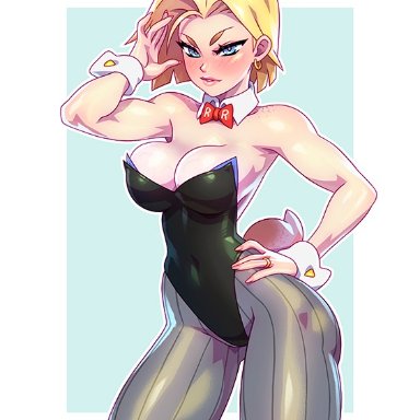 1girls, android 18, big breasts, breasts, bunny ears, bunny girl, bunnysuit, cleavage, dragon ball, dragon ball z, female, female only, kajinman, large breasts, looking at viewer