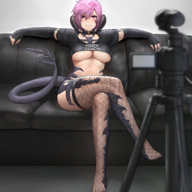 1girls, au ra, black clothing, blue eyes, blush, camera, casting couch, feet, filming, final fantasy, final fantasy xiv, fishnets, gloves, huge breasts, large breasts