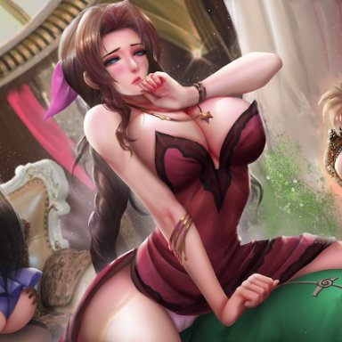 2girls, 3boys, aerith gainsborough, ass, breasts, cleavage, cloud strife, curvy, female, female with female, final fantasy, final fantasy vii, huge ass, huge breasts, male