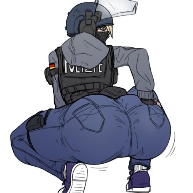 ass, ass grab, big ass, crouching, helmet, iq, jeans, looking at viewer, monika weiss, rainbow six siege, tight clothing