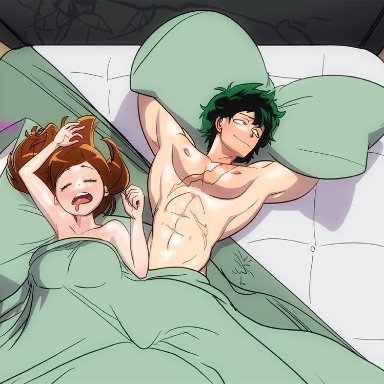 afterglow, aged up, gairon, implied sex, in bed, izuku midoriya, my hero academia, ochako uraraka, sleeping, straight, wholesome