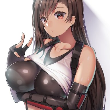 big breasts, brown eyes, brown hair, female, final fantasy, final fantasy vii, long hair, nagase haruhito, nipples, nipples visible through clothing, solo, solo female, solo focus, tifa lockhart