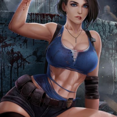 big breasts, blue eyes, brown hair, clothed female, female, female only, jill valentine, nipples, nipples visible through clothing, prywinko, resident evil, resident evil 3, resident evil 3 remake, short hair, solo