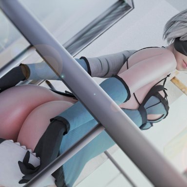 1girls, 3d, ass, big ass, blender, female, female only, looking at viewer, looking back, nier, nier: automata, solo, spizzy, yorha 2b