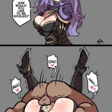 anus, ass, big breasts, camilla (fire emblem), clothed sex, cum, cum inside, dark-skinned male, english text, female, fire emblem, fire emblem fates, heart, instant loss, instant loss 2koma