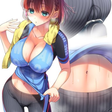 ai-chan (tawawa), akpngn ha, big ass, big breasts, blue eyes, brown hair, cleavage, female, getsuyoubi no tawawa, nipples, nipples visible through clothing, short hair, solo, solo female, solo focus