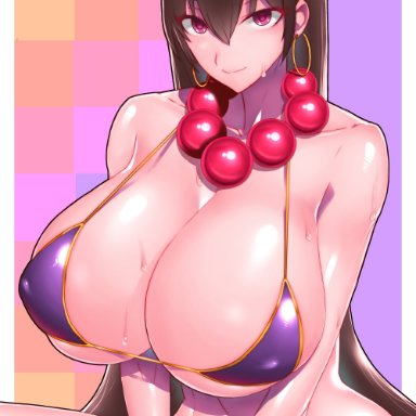 big breasts, bikini top, brown hair, fate (series), fate/grand order, female, female only, long hair, nipples, nipples visible through clothing, purple eyes, servant (fate), solo, solo female, solo focus
