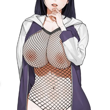 bangs, big breasts, black hair, blush, bottomless, breasts, female, fishnets, hyuuga hinata, jacket, large breasts, naruto, naruto shippuden, pubic hair, purple eyes