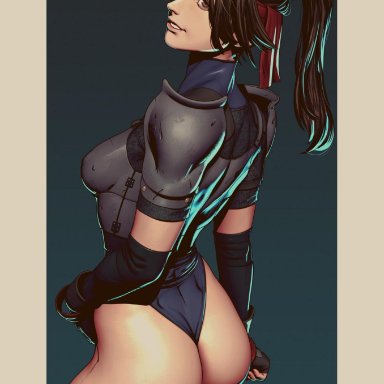 1girl, 1girls, ass, breasts, female, female only, final fantasy, final fantasy vii, jessie, jessie rasberry, john doe, looking at viewer, looking back, ponytail, solo