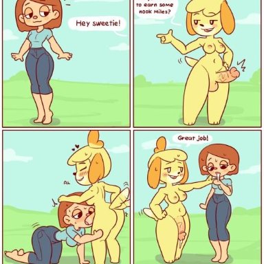 animal crossing, anthro, cum, female, furry, futanari, isabelle (animal crossing), nintendo, red7cat, villager (animal crossing)