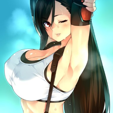 2020, 23 (real xxiii), absurd res, armpits, arms up, big breasts, blue background, breasts, brown eyes, brown hair, female, female only, final fantasy, final fantasy vii, highres