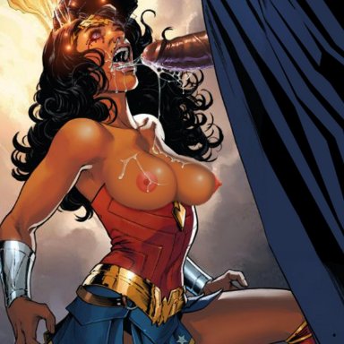 ares, black hair, broken rape victim, cape, crying, cum, cum from nose, cum in mouth, cum on breasts, dc, dc comics, diana prince, exposed breasts, force, grabbing