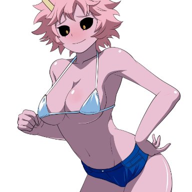 big breasts, bikini, black sclera, chelsea cola, female, female only, mina ashido, my hero academia, nipples, nipples visible through clothing, pink hair, pink skin, short shorts, solo, solo female