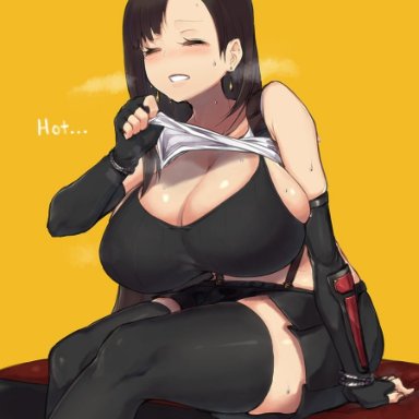 big breasts, blush, closed eyes, dark hair, earrings, final fantasy, huge breasts, lifting clothing, long hair, magister (bigbakunyuu), sitting, skirt, sports bra, sweat, tank top