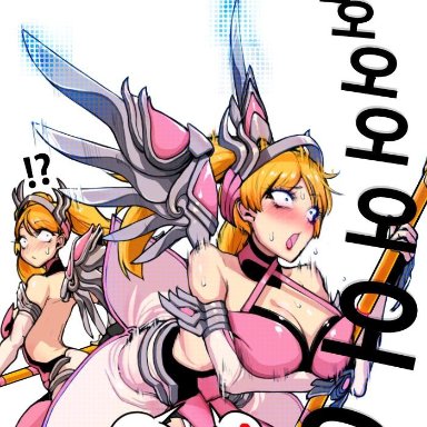 bare shoulders, blonde hair, blush, cameltoe, cleavage, clone, echo (overwatch), glasses, gloves, happening18, hidden vibrator, high heels, mercy, multiple girls, overwatch