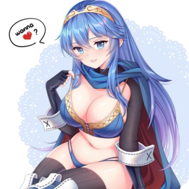 alternate breast size, big breasts, blue eyes, blue hair, blush, bra, breasts, cape, female, female only, fingerless gloves, fire emblem, fire emblem: awakening, hair ornament, imminent sex