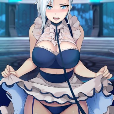 big breasts, blue eyes, female, female only, garter straps, hair bun, lainart, long hair, rwby, solo, solo female, solo focus, thighhighs, white fur, winter schnee