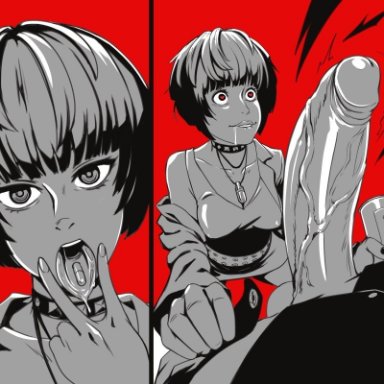 1boy, 1boy1girl, 1girl, 1girls, 2koma, akira kurusu, balls, between fingers, big penis, black fingernails, bwc, cleavage, cock hungry, cock worship, collar